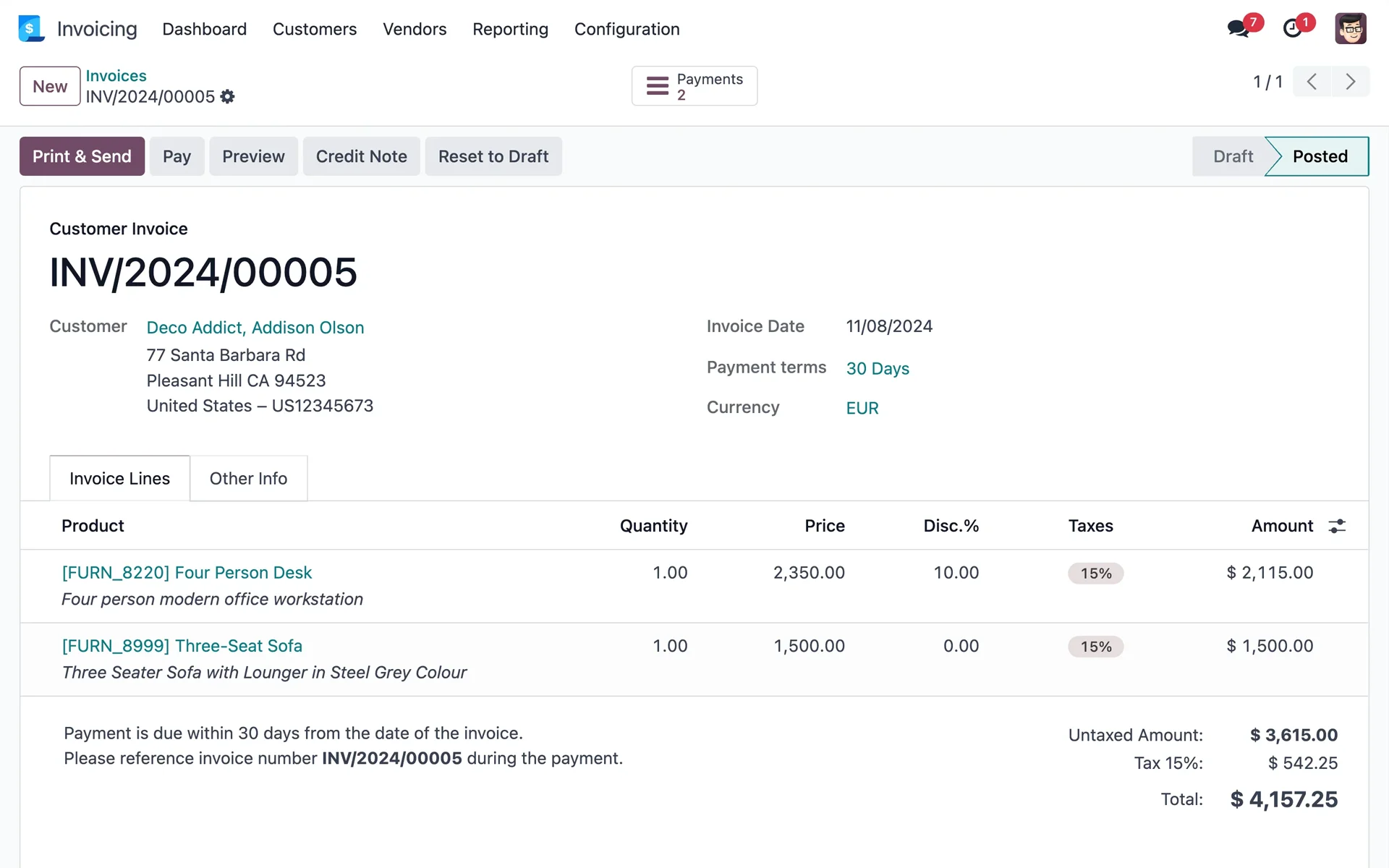 Odoo Accounting — tableau de bord et factures